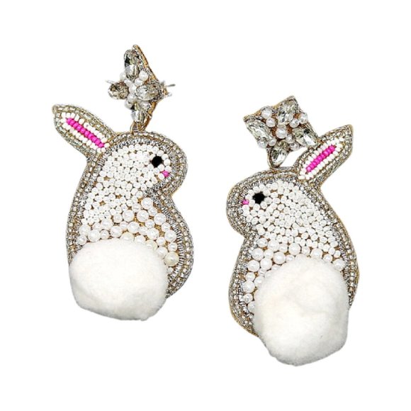 Happy Easter Pom-Pom Tail Bunny Rhinestone Seed Beaded Holiday Earrings NEW - Picture 2 of 2